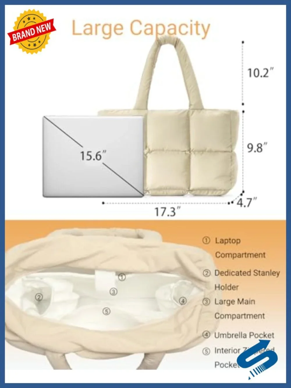 Large Quilted Puffer Tote Bag with Cup Holder for Women, Lightweight Satchel